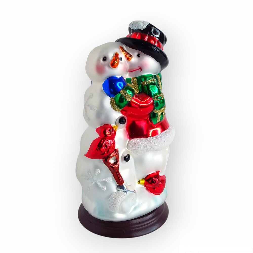 Vtg 2004 Thomas Pacconi Snowmen Figurine Blown Glass Wood Base 6in Winter